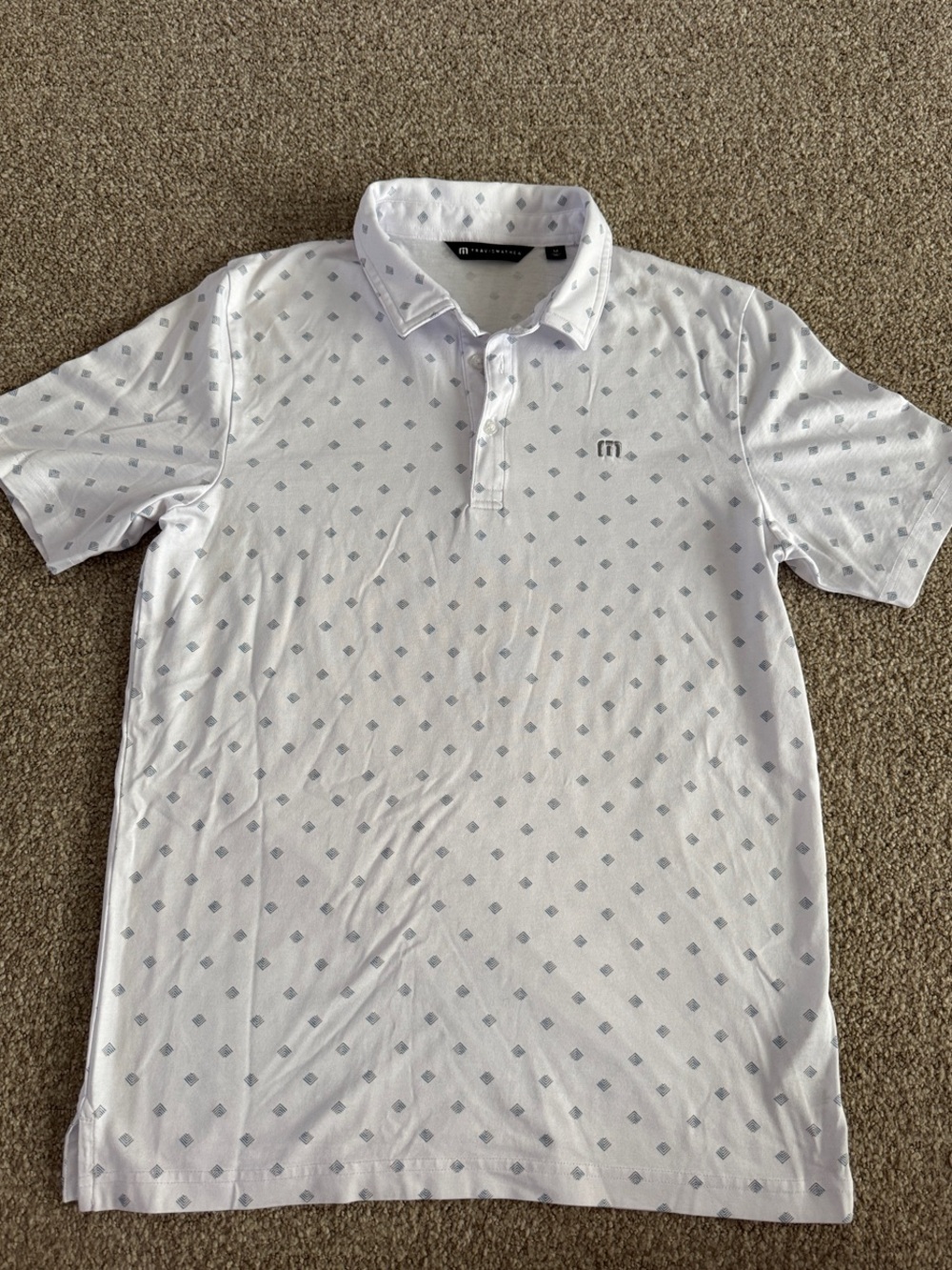 Travis Mathew White Polo with Light Gray Diamond Print